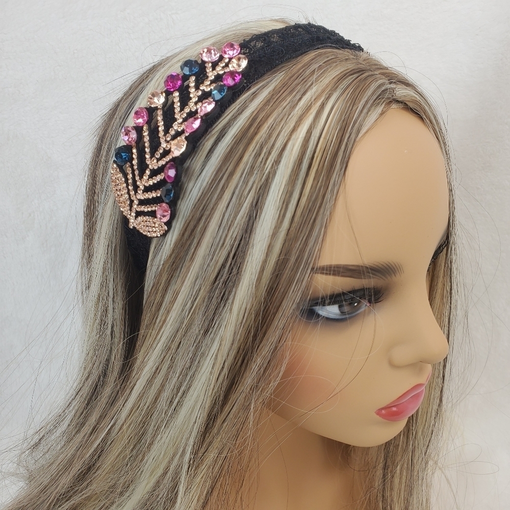 Gold Blue Pink Crystals Leaf Black Lace Hairband